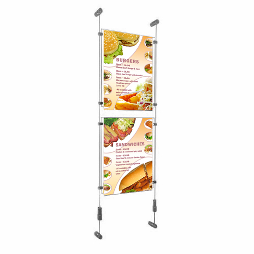 PW6: Wire-fix wall poster displays - columns of acrylic holders on wall-suspended wires