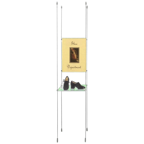 VS1A: Suspended glass shelving (clamped) with poster holders